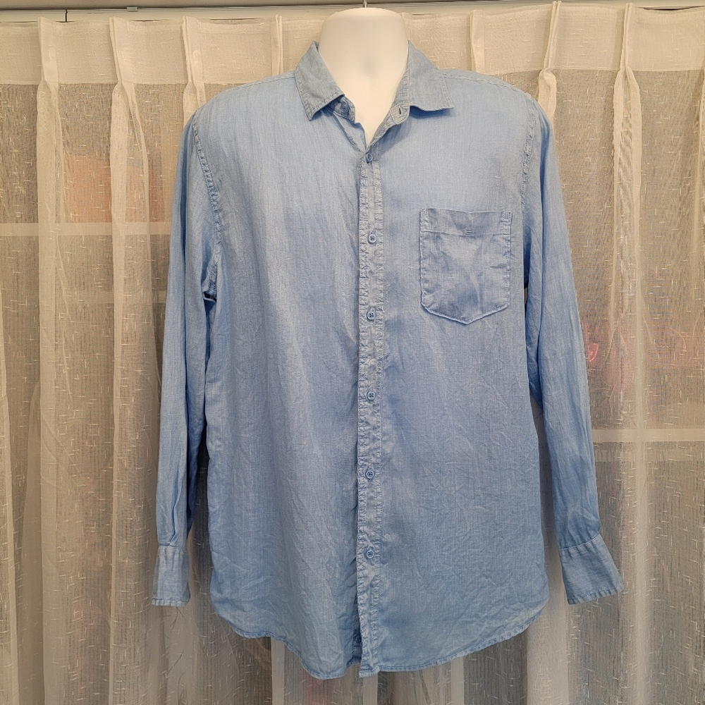 Raffi Pure Linen Blue Button Down Long Sleeve Shirt Size Large NWOT